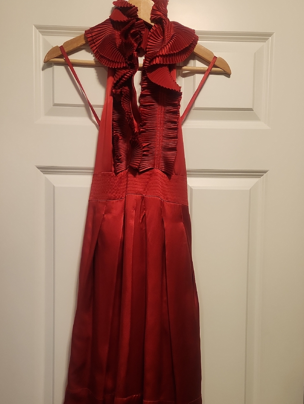 Unworn 100 % Silk BCBG Red Silk Ruffle Neck Dress